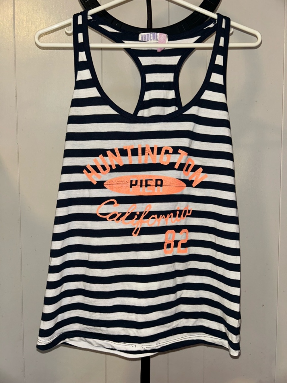 Ardene Navy and White Striped Racerback Tank with Neon Orange Graphic